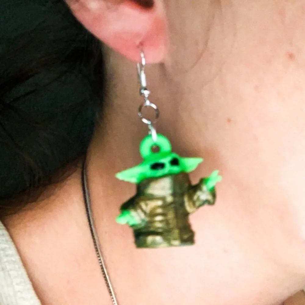 New S925 Sterling Silver Handmade Baby Yoda Earrings 3D Printed Hand Painted